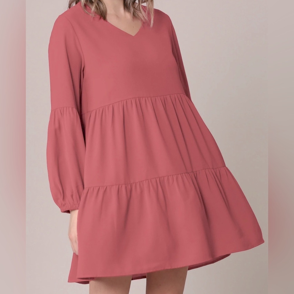 CYNTHIA ROWLEY Pink Mauve Three Tiered Long Sleeve V Neck Dress  Size XL